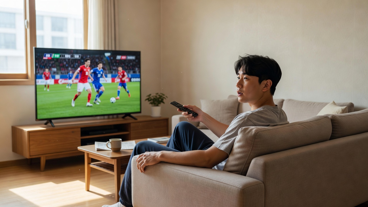 A매치 생중계 채널 목차를 확인하는 축구 팬의 일상 모습