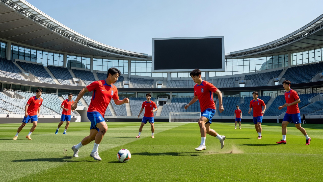 2025 A매치 대한민국 축구 경기 일정 목차와 개요를 나타내는 경기장 훈련 장면